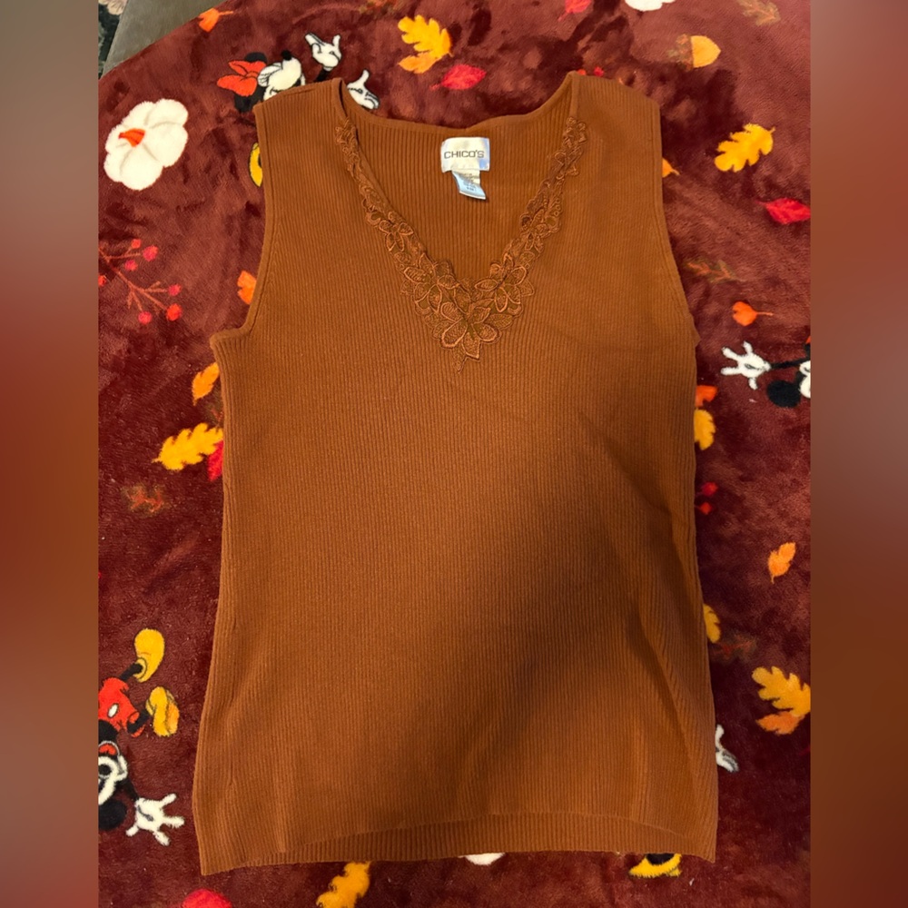 Chico's Rust Ribbed Top with Lace Trim